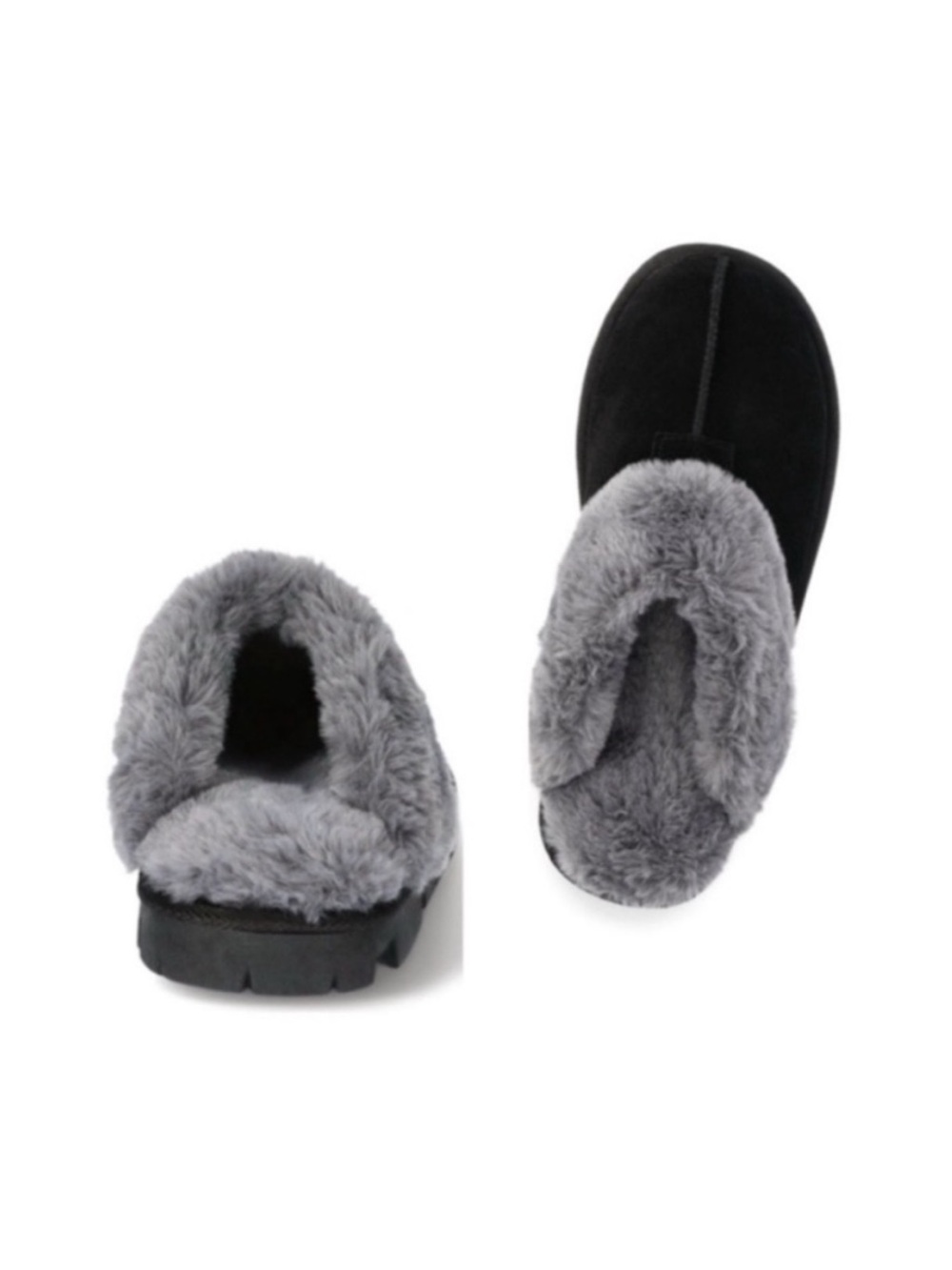 Joyspun Suede Luxurious Black Clog Slippers with Gray Faux Fur Lining